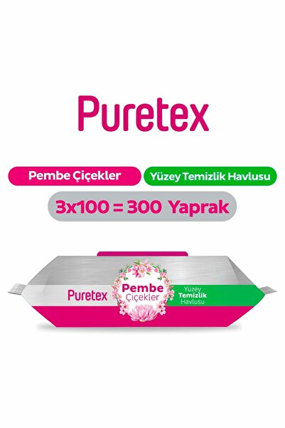 PureText Puretex Yüzey Temizlik Havlusu Pembe Çiçekler 3x100 (300 Yaprak)