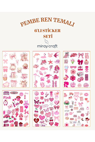 MirayDesign 6 Sayfa Pembe Renk Temalı Sticker Seti (12*17 cm)/Scrapbook, Bull...