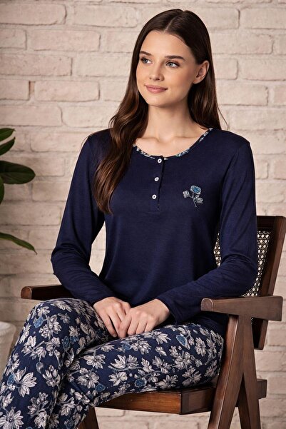 SCM LINGERIE طقم بيجامة نسائية من الليكرا بأكمام طويلة