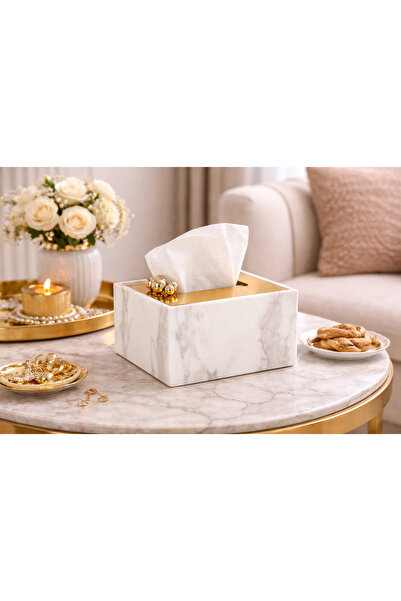 Dania 🏡 Marble tissue box with gold metal lid – 16×16×10 cm ✨