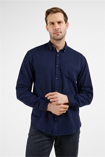 İmza Navy Blue Buttoned Collar Long Sleeve Pocket Slim Fit 100% Cotton Shirt ...