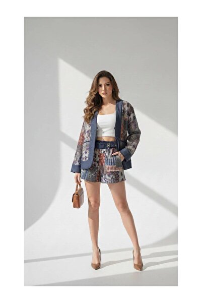 Coral Etnik Desenli Bağcıklı Çeket 30682 İndigo