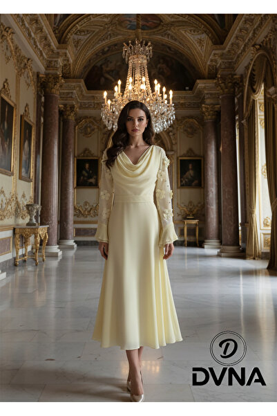 DVNA Midi dress with three-dimensional floral details and pleated chiffon ruf...