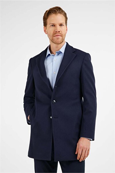 İmza Dark Navy Blue Mono Collar Flexible Slim Fit Classic Cashmere Coat 10052...