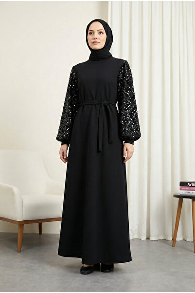 MODAQU Long Dress with Sequined Sleeves and Crepe Belt - Black