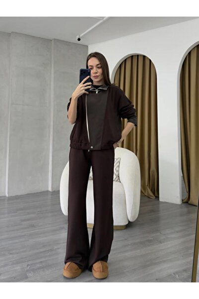 Coral Garnili Ceket Takım 37023 Kahve - Ekru