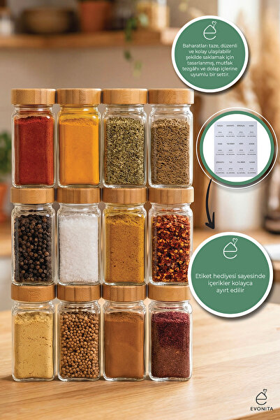 EVONİTA Glass Spice Jar Set with Bamboo Appearance Lids, Spice Jar Organizer ...