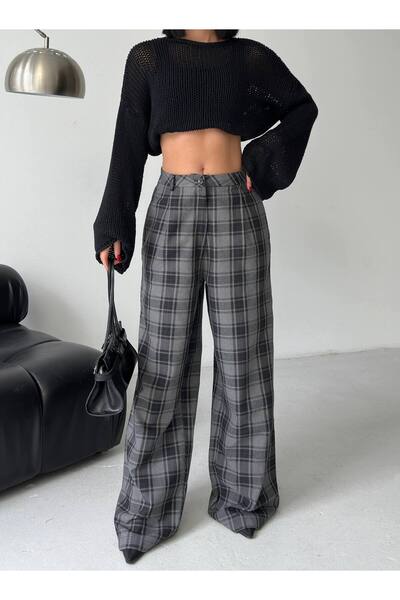 ebru akten butik Ekose Desenli Geniş Paça Pantolon