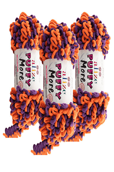 Alize Puffy More Hand Knitting Yarn 3 Pieces – 6550 Purple/Orange – 150 Gr. 1...