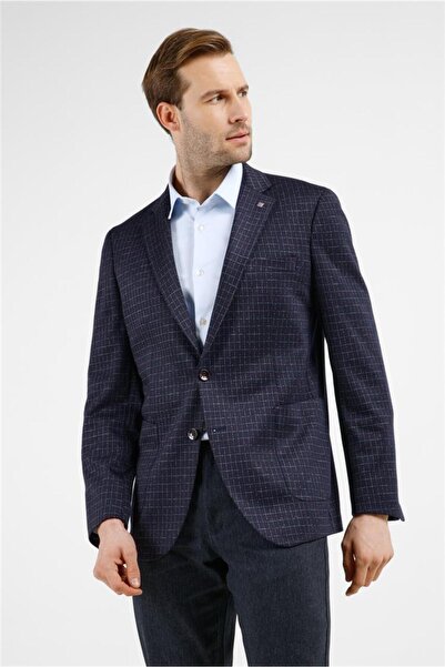 İmza Navy Blue Mono Collar Checkered Pattern Flexible 6 Drop Comfort Fit Clas...