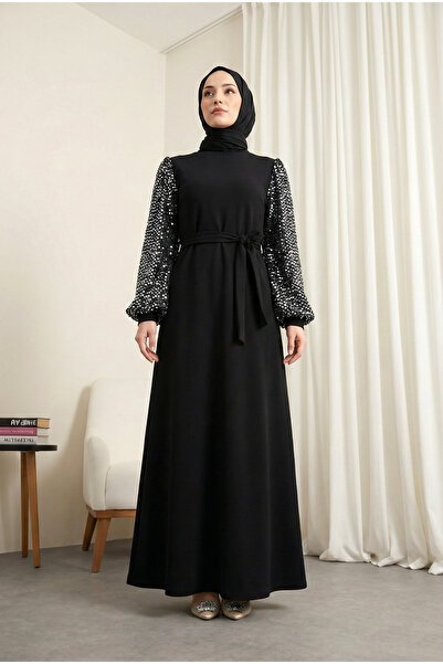MODAQU Long Dress with Sequined Sleeves and Crepe Belt - Silver
