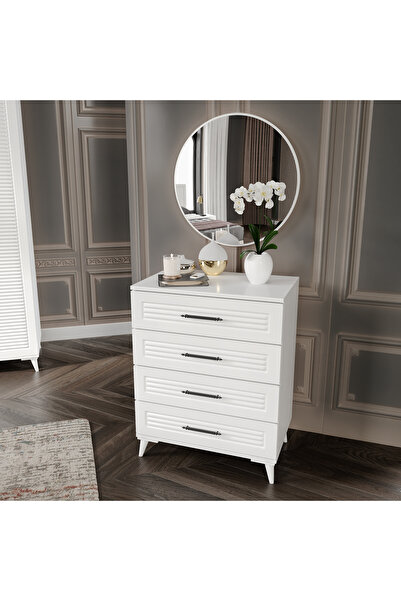 GuneyStore Paris 4 Çekmeceli Aynalı MDF Beyaz Şifonyer - Ücretsiz Montaj
