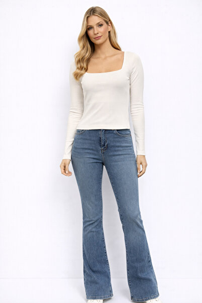 VENA Women's Jenny Dirty Med Blue High Waist Flare Jean Pants - Dirty Med Blue