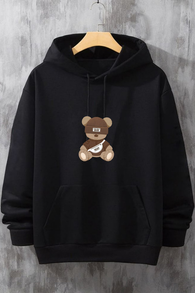INFLUYENTE Men's Winter Bear Printed Cotton Hooded Sweatshirt with Kangaroo P...