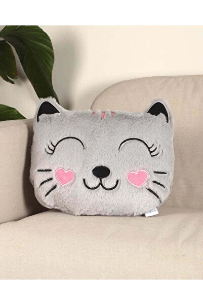 Chirpy Pernă decorativă gri din pluș cu figurină de pisică zâmbitoare