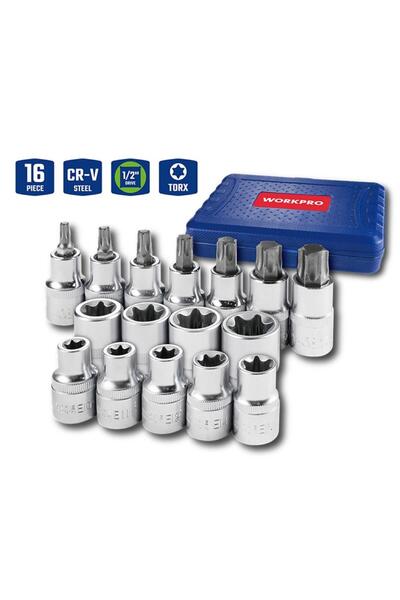 Workpro Wp202596 1/2'' Cr-V 16 Piece Heavy Duty Torx Socket / Bit