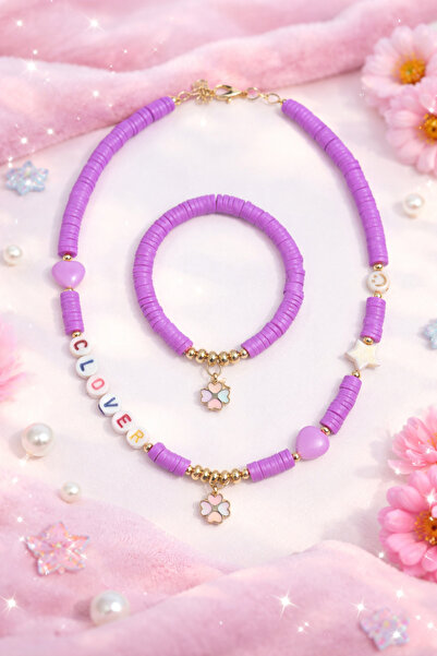 Moonbelle Kız Çocuk Mor Yonca Uçlu Renkli Heishi Boncuk Kolye Bileklik Seti