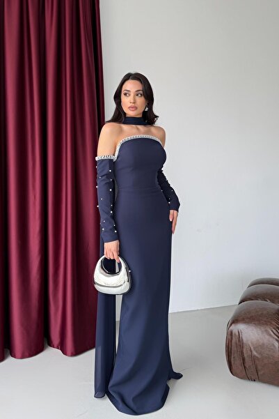 Serica Moda Rochie de seară albastru marin cu mâneci false și eșarfă cu detal...