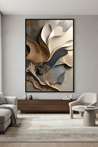 hollywest Modern Lüks Soyut Çerçeveli Tablo | Bej Altın Tonlarında Duvar Sanatı