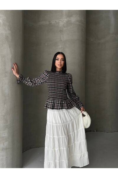 ebru akten butik Ekose Desenli Gipeli Fırfır Detaylı Bluz
