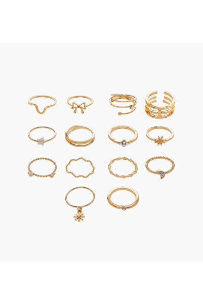 Lifestyle مجموعة من 14 خاتمًا معدنيًا مزينًا بالأحجار الكريمة