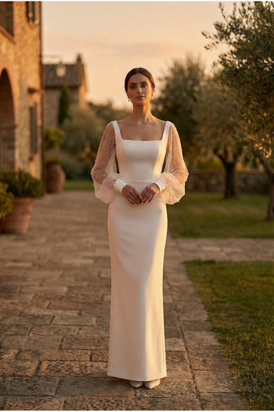 berissima bride İnci Detaylı Balon Kol Nikah Elbisesi, Kare Yaka, Kırık Beyaz...