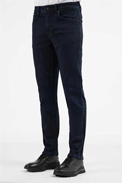 İmza Navy Blue Gabardine 5-Pocket Straight Leg Casual Slim Fit Cotton Denim T...