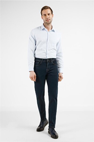 İmza Pantaloni din denim de bumbac, albastru marin, gabardină, cu 5 buzunare,...