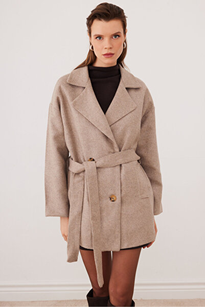SevdeUgur Women's Cold Coffee - Mocha Oversize Short Cashmere Coat with Belt ...