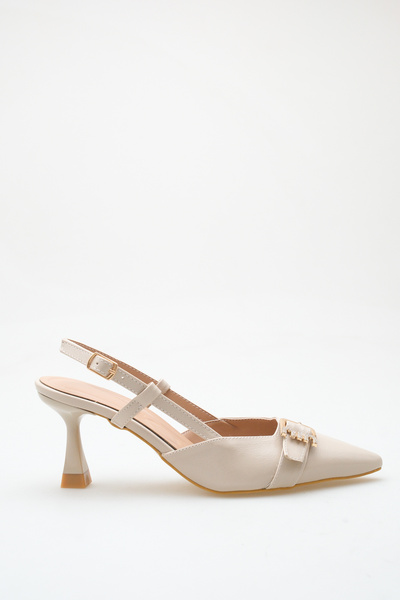 ELAIA SHOES Mona Beige Pointed Toe Buckle Detailed Thin Heeled Women's Shoes