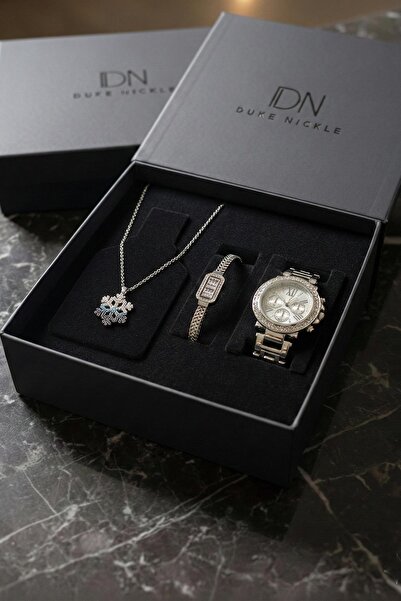 Duke Nickle Taşlı Bileklikli Kar Tanesi Kolyel Gümüş Metal Kordon Taşlı Kadın...