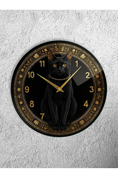 Olinpa Unbreakable Glass Wall Clock, Both Table and Wall Clock, Black Cat Des...