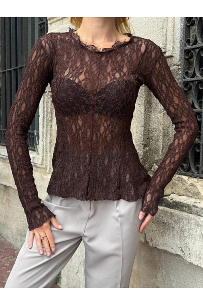 bysoca Women's Brown Crew Neck Long Sleeve Waist-Fitted Transparent Scallop L...