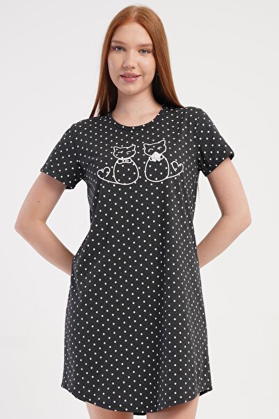 VİENETTA Women's Short Sleeve Polka Dot Cat Patterned Anthracite Nightgown Tu...