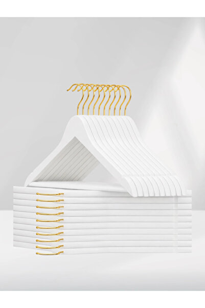 SDF Askı Ahşap Elbise Askısı ve Pantolon Askısı 10'lu Set Beyaz Renk (Gold Ka...