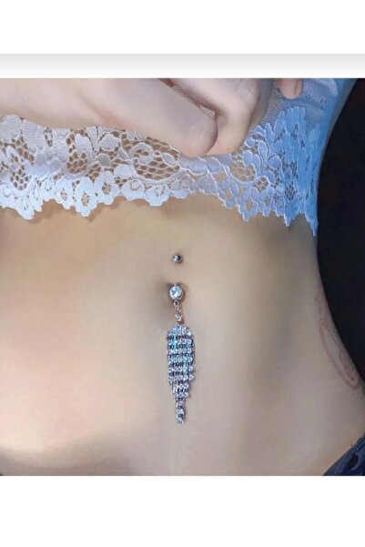 TakıConcept Çelik Göbek Piercing Taşlı Sallantılı Göbek Piercing