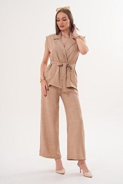 ŞİMAL Women's Jacket Collar Vest Set Linen Suit with Trousers 260014 -