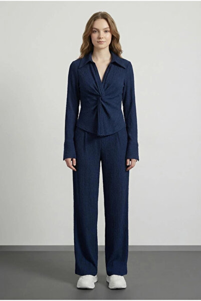 Quzu Pleated Detailed Trousers Navy Blue