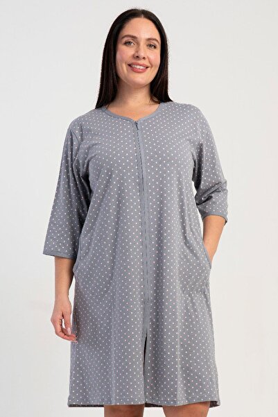 VİENETTA Women's Plus Size Capri Sleeve Zipper Smoked Home Dress C9T0N0905