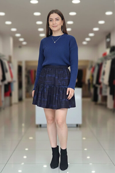 BNZ TEKSTİL Suede Velvet Pocketless Text Patterned Elastic Mini Women's Short...