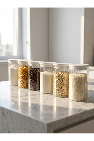 Countra 6-Piece White Vacuum Lid Line Pattern Glass Jar Transparent Body Food...