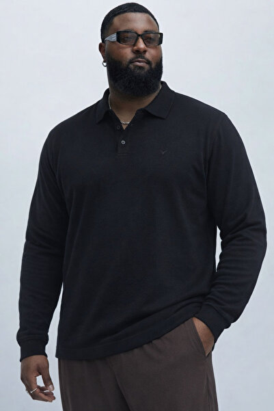 Maccali Men's Trend Large Size Black Polo Collar T-Shirt