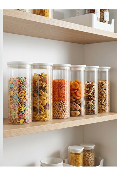 Countra 6-Piece White Vacuum Lid Line Patterned Glass Jar Transparent Body Fo...