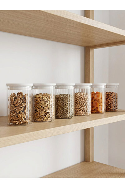 Countra 6-Piece White Vacuum Lid Line Patterned Glass Jar Transparent Body Fo...