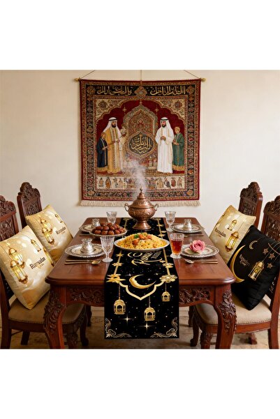 Pomefar Ramadan Table Runner & Pillow Cover Set, Bright-coloured prints Ramad...