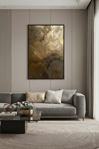 hollywest Dumanlı Kahve Tonları Gold Detaylı Estetik | Modern Çerçeveli Tablo