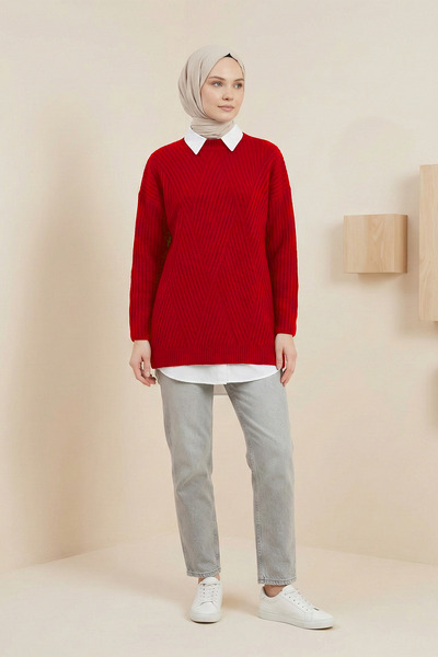 Kirazgym Women's Diamond Patterned Knitwear Tunic Knitted Sweater - Red