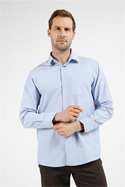 İmza K.Blue-White Striped Pattern Hard Collar Long Sleeve Pocket Comfort Fit ...