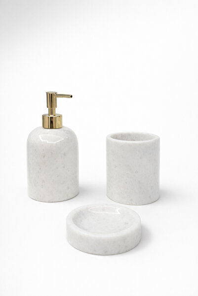 DMR HOME Doğal Mermer Banyo Seti 3’lü | Sıvı Sabunluk – Diş Fırçalık – Sabunl...