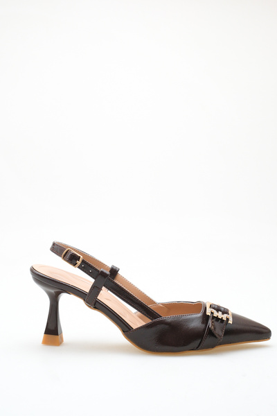 ELAIA SHOES Mona Brown Pointed Toe Buckle Detailed Thin Heeled Women's Shoes